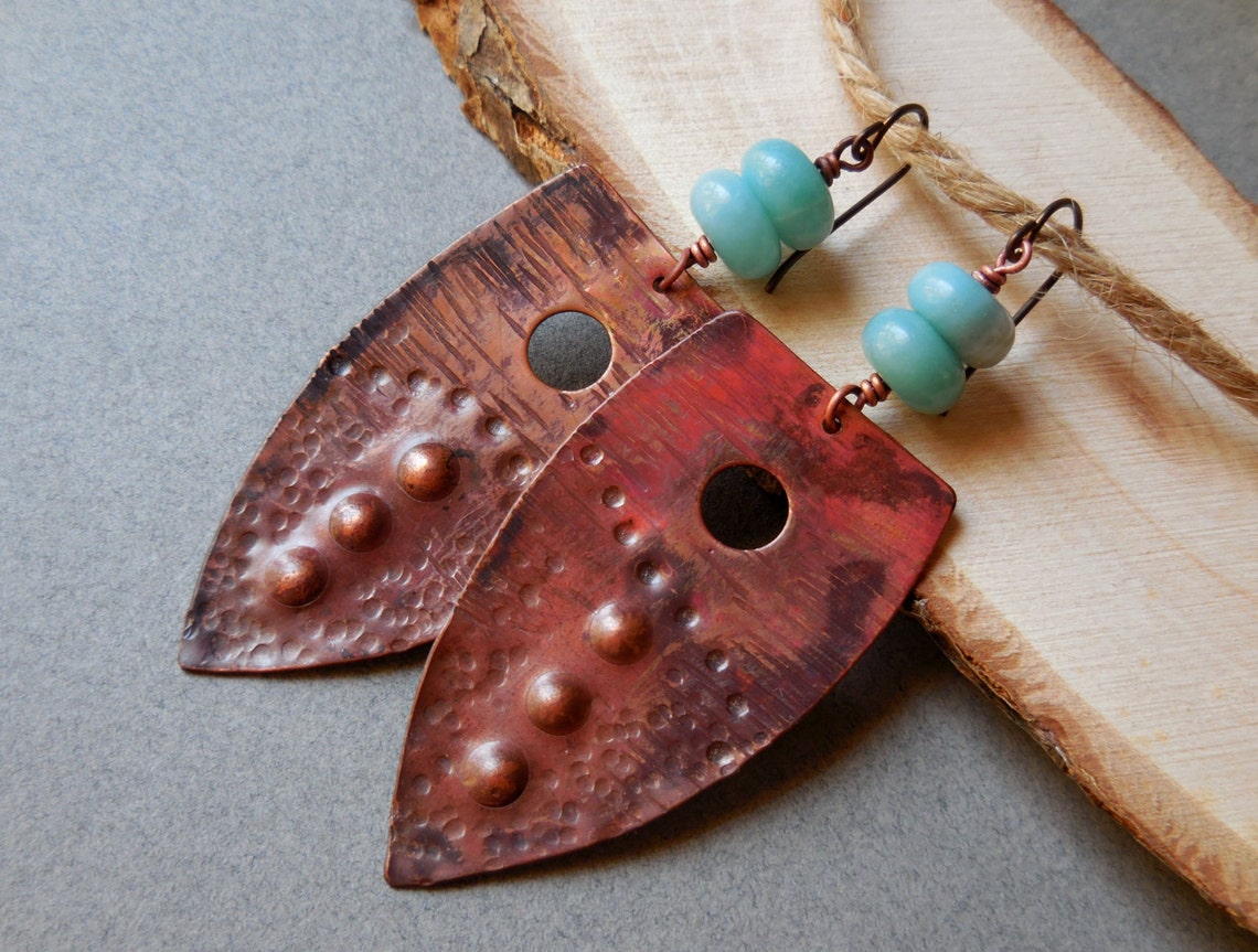 Bronze Age Earrings Tribal Shield Natural Amazonite Gemstone Etsy