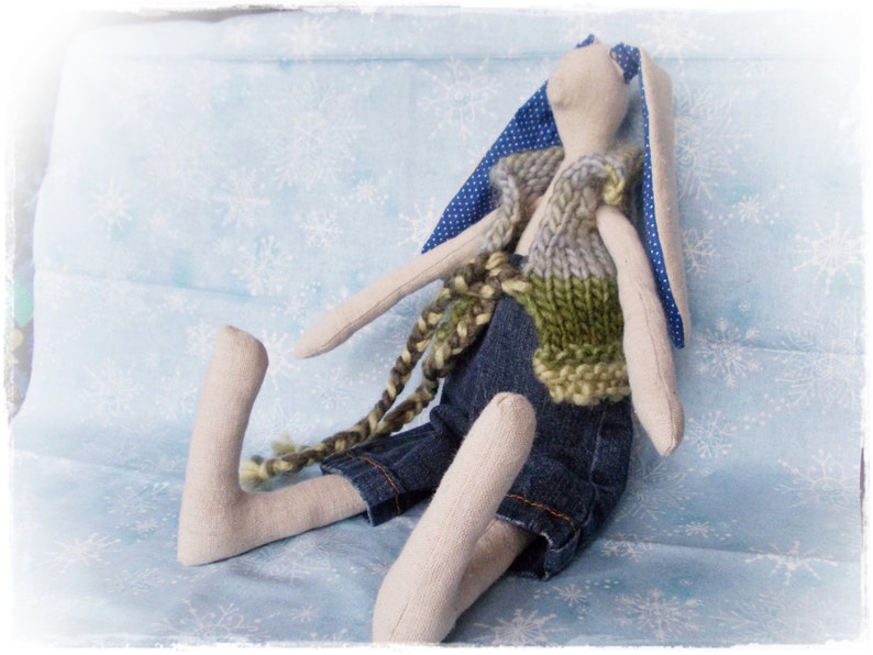 Stuffed Woodland Rabbit cuddling plush primitives toy rag doll Easter bunny recycled jeans wool handmade eco gift art country doll animal
