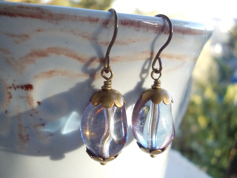 Handmade earrings, Glass dangle earrings, grey gray lavender, long dangling, antiqued vintage chic style bronze brass drop earrings romantic image 3