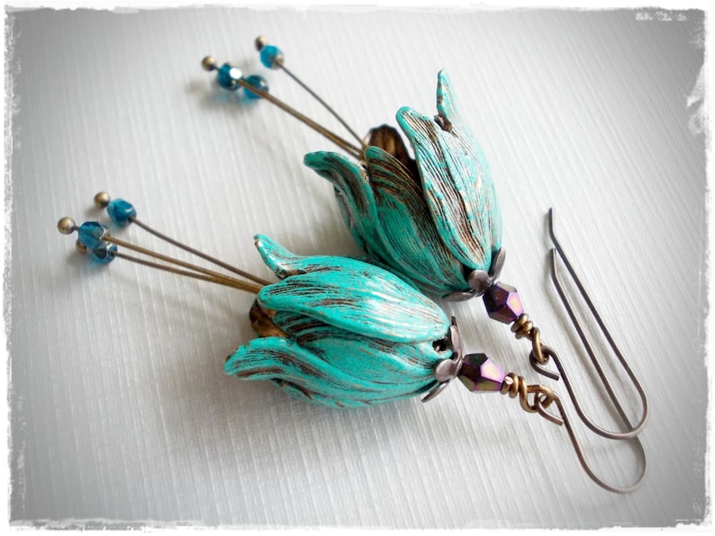 Long tulip earrings verdigris patina brass beaded bell hat flower dangle vintage style inspired romantic handmade for women whimsy whimsical image 1