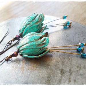 Long tulip earrings verdigris patina brass beaded bell hat flower dangle vintage style inspired romantic handmade for women whimsy whimsical image 3