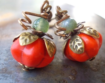 Pumpkin Earrings Organic dangle drop orange earrings floral bohemian turquoise howlite brass berry fruit melon rustic persimmon moss agate