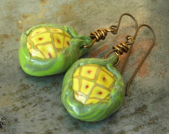 Seed pod earrings Wrapped seeds handmade polymer clay organic nature inspired beads yellow and green on solid oxidized brass earrings
