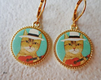 Ginger cat earrings Musical cat wearing white hat gold earrings cat jewelry pet cat lover gift Cute cat Orange cat Boy cat singing music