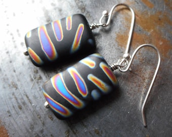 Dragonfly wings, earrings, rainbow peacock colors, iridescent, Czech glass beads, black purple blue, silver plated, modern jewelry handmade