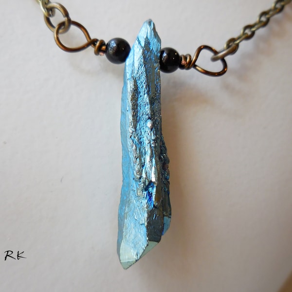 Titanium Crystal Quartz Point Handmade Necklace Blue AB color Aura Druzy spike for men women long bronze chain meditation yoga stone pendant