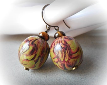 Large fall earrings, autumn jewelry, acorn earrings, unique polymer clay, tigers eye, brass, bronze, metal earrings, for men women, nature