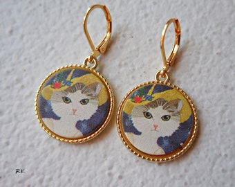 White cat earrings White cat girl wearing yellow hat gold earrings cat jewelry pet cat lover gift Cute she cat Romantic vintage cat blue