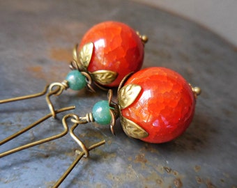 Pomegranate earrings fire agate gemstone beads Persephone brass orange red pumpkins long kidney wire stone moss agate exotic rustic boho