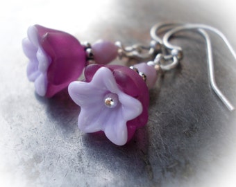 Small purple flower earrings silver Dainty little lavender floral earrings dangle earrings for women tiny bell flower drops handmade jewelry