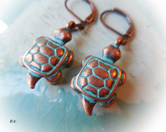 Tortoise earrings Turtle earrings Turquoise tortoise earrings Turtle totem animal Sacred symbol Spirit being Pet Ocean organic ethnic tribal