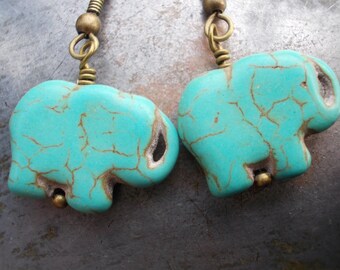 Turquoise elephant earrings simple brass turquoise blue dangle earrings howlite rustic Africa style ethnic tribal animal organic men women