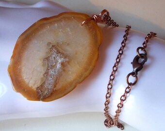 Large Agate Slab Necklace  - cinnamon brown stone pendant - copper long chain - crystal agate slice geode -  handmade jewelry for men women
