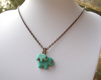 Turquoise elephant necklace blue stone mother and child girl boy son daughter mommy baby handmade necklace carved animal ethnic bronze brass