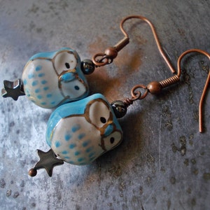 Blue Owl Earrings, with pyrite star, stone ceramic glass bead, dangle earrings for women, antiqued copper, forest cute blue gold night bird image 5