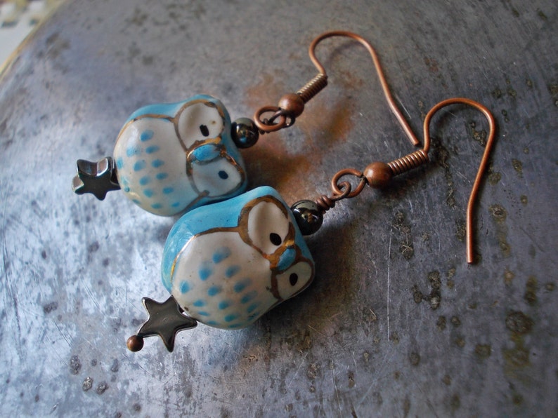 Blue Owl Earrings, with pyrite star, stone ceramic glass bead, dangle earrings for women, antiqued copper, forest cute blue gold night bird image 5