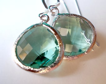 Erinite silver earrings elegant drop earrings fancy dangle little small dainty glass earrings for women blue green aqua ocean sea tourmaline
