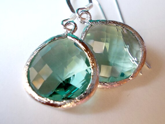 MOLLY Silver Sea Green Faceted Glass Drop Earrings Sea Green Drops Aqua Drop Earrings Silver Erinite Faceted Glass Drops