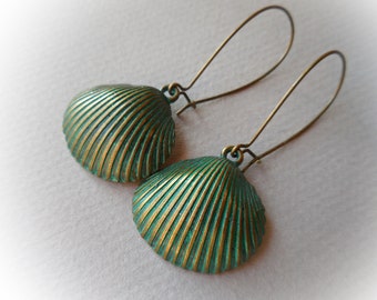 Green earrings Long turquoise dangle earrings Shell bohemian earrings Boho chic earrings verdigris patina Bohemian jewelry antique brass