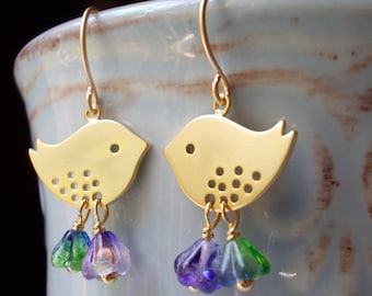 Gold bird earrings little drop earrings handmade for women cute sparrow flower glass bead dangle girls gift nature inspired purple lavender