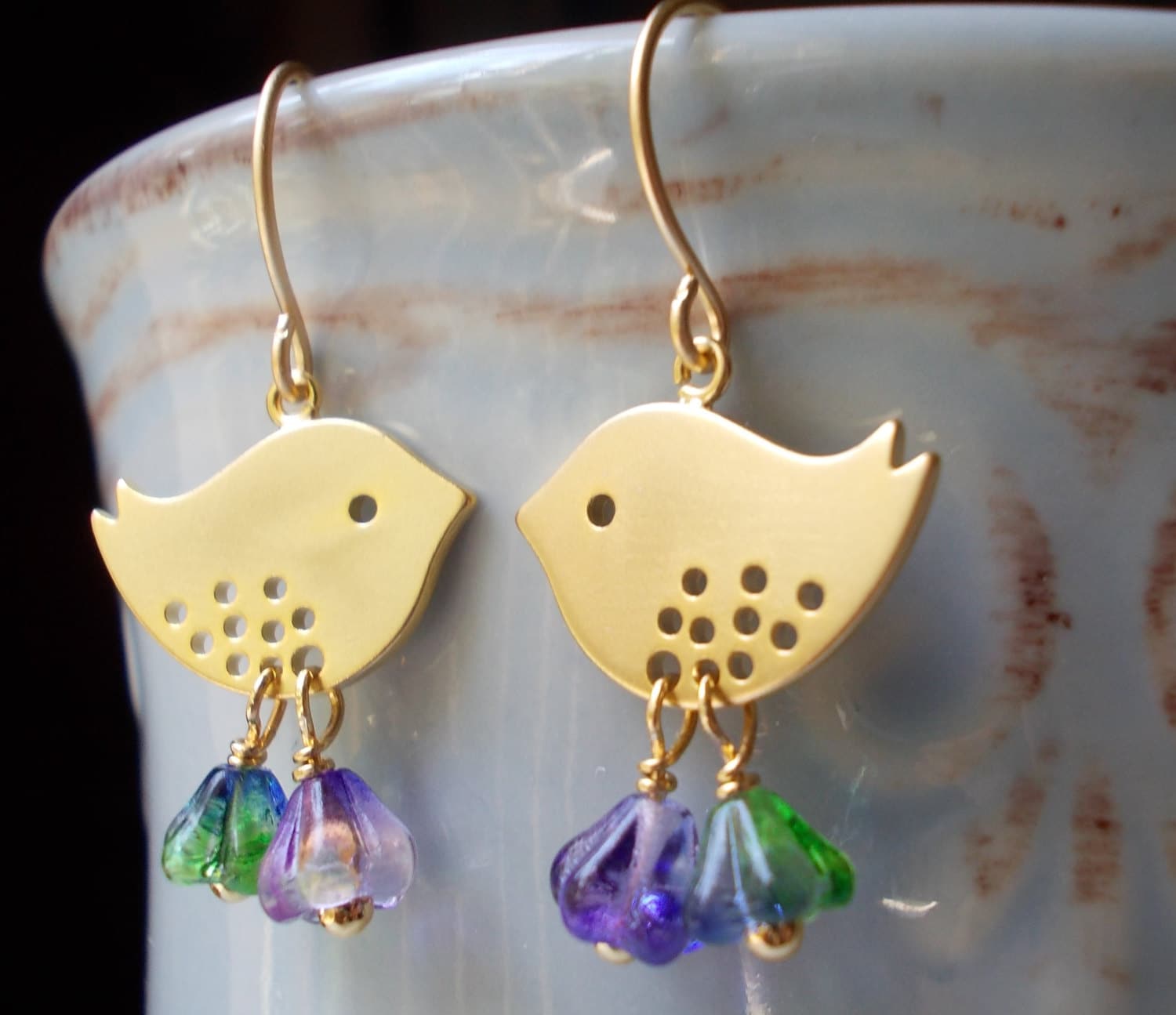 Little gold bird earrings drop earrings handmade for women Etsy