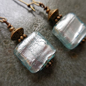 Blue earrings Long light blue glass bead dangle drop earrings Handmade jewelry Ice blue silver foil earrings Antique brass Gift for girls image 3