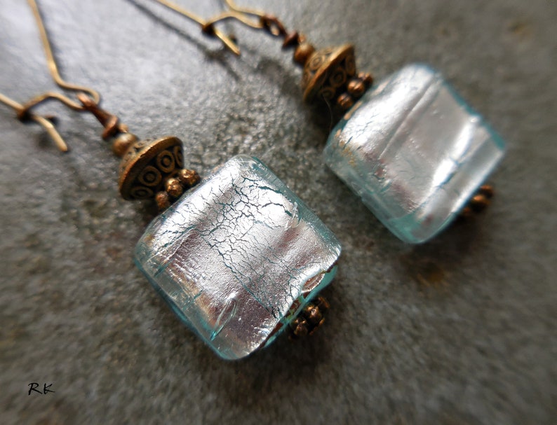 Blue earrings Long light blue glass bead dangle drop earrings Handmade jewelry Ice blue silver foil earrings Antique brass Gift for girls image 3