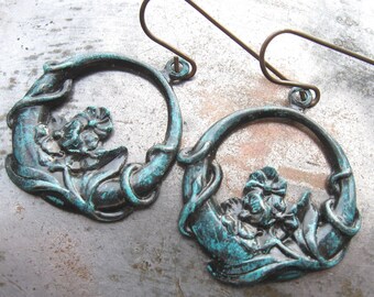 Flower and leaves dangle earrings hoop solid brass turquoise blue green patina retro new vintage cottage chic woodland shabby gift for women