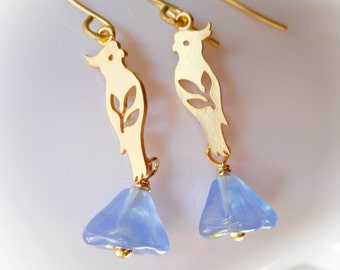 Parrot earrings periwinkle flower purple blue bird gold plated delicate parakeet budgie budgerigar lovebird love bird couple pair of dangles