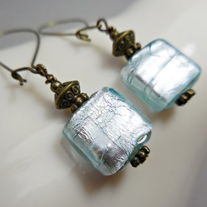 Blue earrings Long light blue glass bead dangle drop earrings Handmade jewelry Ice blue silver foil earrings Antique brass Gift for girls image 9