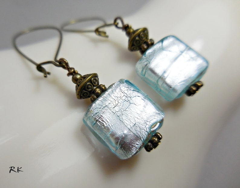 Blue earrings Long light blue glass bead dangle drop earrings Handmade jewelry Ice blue silver foil earrings Antique brass Gift for girls image 9