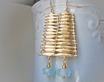 Natural Aquamarine Gold Earrings Long Earrings modern organic earrings raw rough stone aqua blue gem filled unusual funky earrings for women
