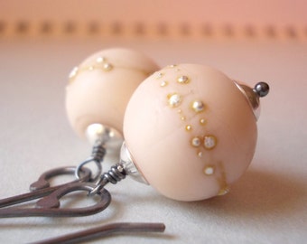 Sterling silver dangle earrings for women baby pink butter rose ivory cream glass lampwork bead forged dark oxidized organic long rustic