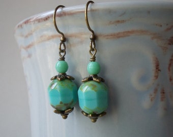 Mint earrings unique handmade glass jewelry beaded blue green drop earrings seafoam beaded sea foam dangle earrings for mother day bronze