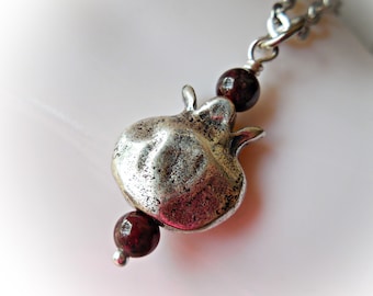 Pomegranate Necklace Natural Garnet stones Pomegranate Fruit gemstone silver garnet pendant cast metal charm necklace Persephone pomegranate