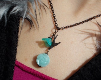 Swallow necklace Victorian bird necklace women amazonite rose flower natural gemstone vintage finish dark oxidized brass Peruvian opal blue