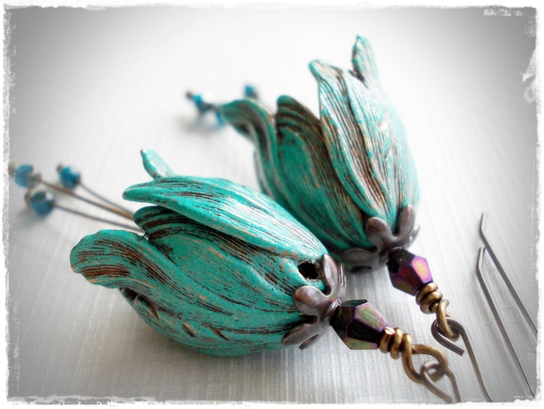 Long tulip earrings verdigris patina brass beaded bell hat flower dangle vintage style inspired romantic handmade for women whimsy whimsical image 5