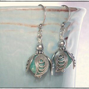 Amazonite Drop Earrings Natural gemstone and silver earrings peruvian blue flower petal filigree dangle earrings women chic romantic shabby image 5