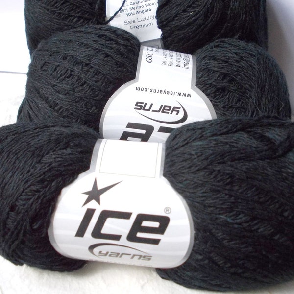 Black Cashmere Merino Angora Wool luxury premium yarn Ice brand charcoal 50gr 350m thin sock knitting crochet yarn destash one skein