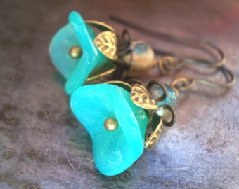Mint green flower earrings for women Vintage Style brass seafoam blue glass victorian renaissance sea foam dainty handmade mint blue girl