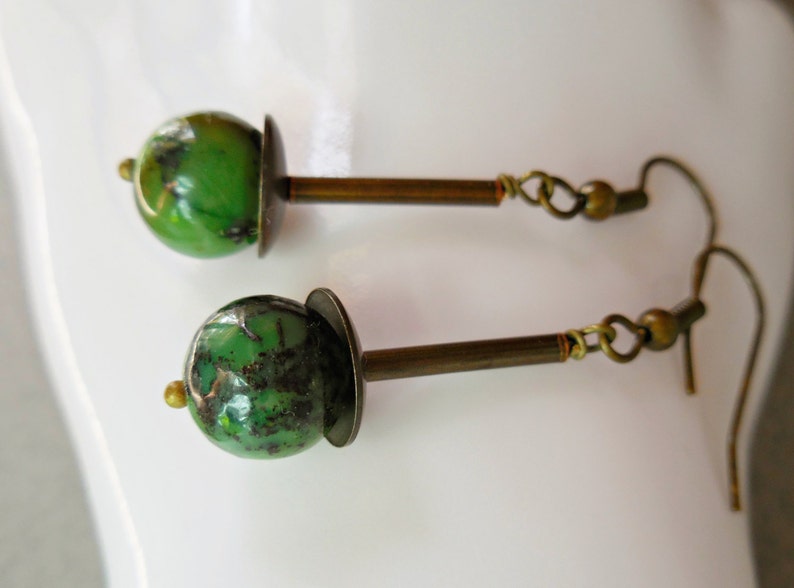 Chrysoprase earrings Green gemstone bohemian earrings ethnic natural stone dangle organic bead Africa style antique brass tribal boho chic image 5