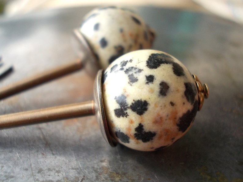 Dalmatian Jasper Earrings natural jasper long dangle organic dalmation jasper Tribal African Style modern Africa brass ethnic rustic jewelry image 2