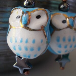 Blue Owl Earrings, with pyrite star, stone ceramic glass bead, dangle earrings for women, antiqued copper, forest cute blue gold night bird image 4