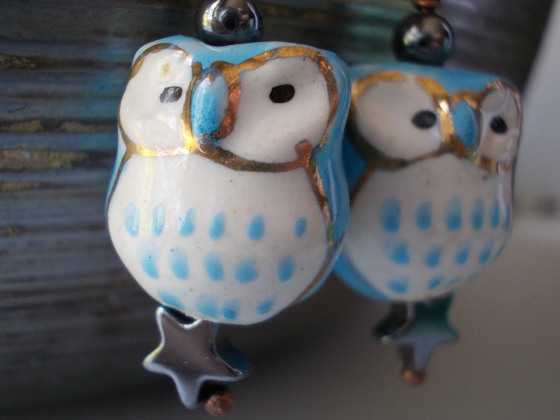 Blue Owl Earrings, with pyrite star, stone ceramic glass bead, dangle earrings for women, antiqued copper, forest cute blue gold night bird image 4