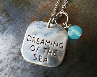 Sea necklace silver blue Dreaming of the sea Beach ocean nautical coastal jewelry silver plated charm necklace pale blue opal glass bohemian