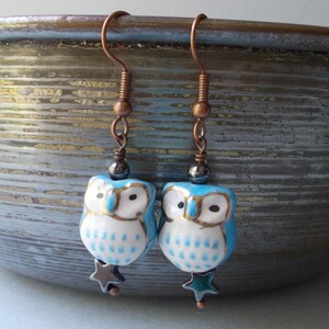 Blue Owl Earrings, with pyrite star, stone ceramic glass bead, dangle earrings for women, antiqued copper, forest cute blue gold night bird image 3