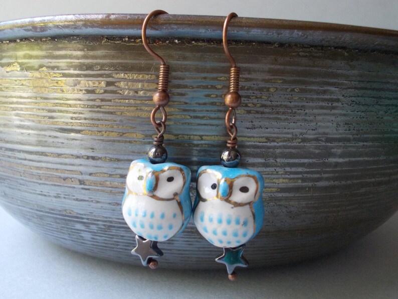 Blue Owl Earrings, with pyrite star, stone ceramic glass bead, dangle earrings for women, antiqued copper, forest cute blue gold night bird image 3