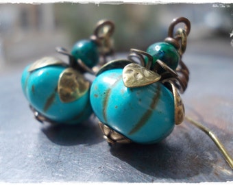 Turquoise Pumpkin Earrings Organic boho dangle dangle drop earrings magnesite turquoise & chrysocolla bronze brass rustic earrings howlite