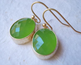 Little peridot drop earrings, glass earrings, faceted fancy dangle earrings, gold plated jewelry, earrings for women, green lime apple
