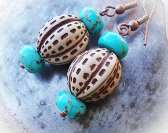 Coconut Island earrings Turquoise earrings Copper faux wood Dangle earrings for summer beach handmade jewelry women girl exotic seed bead